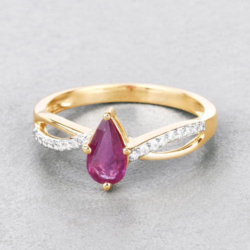 Anillo de oro amarillo de 14K con rubí genuino de 0,52 quilates y diamantes blancos