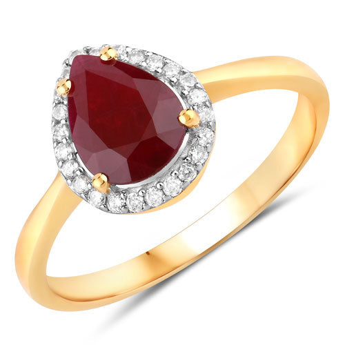 Anillo de oro amarillo de 14 quilates con rubí auténtico de 1,30 quilates y diamantes blancos