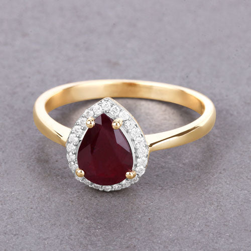 Anillo de oro amarillo de 14 quilates con rubí auténtico de 1,30 quilates y diamantes blancos