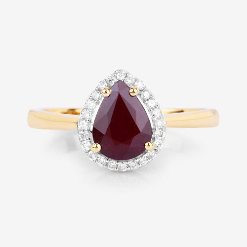Anillo de oro amarillo de 14 quilates con rubí auténtico de 1,30 quilates y diamantes blancos