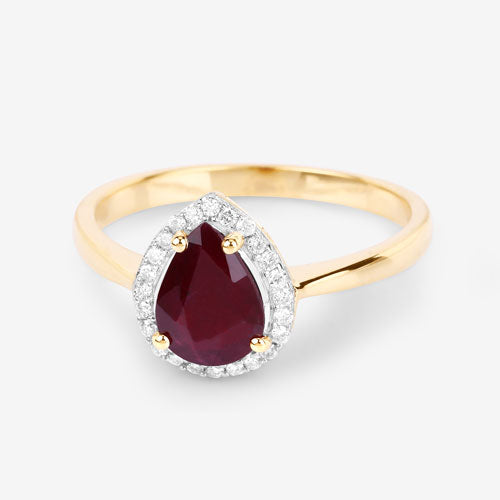 Anillo de oro amarillo de 14 quilates con rubí auténtico de 1,30 quilates y diamantes blancos