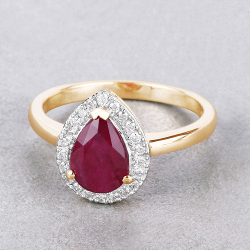 Anillo de oro amarillo de 14K con rubí auténtico de 1.38 quilates y diamantes blancos