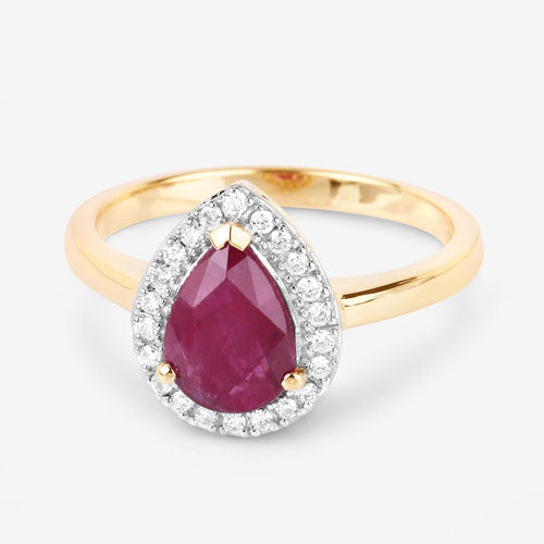Anillo de oro amarillo de 14K con rubí auténtico de 1.38 quilates y diamantes blancos