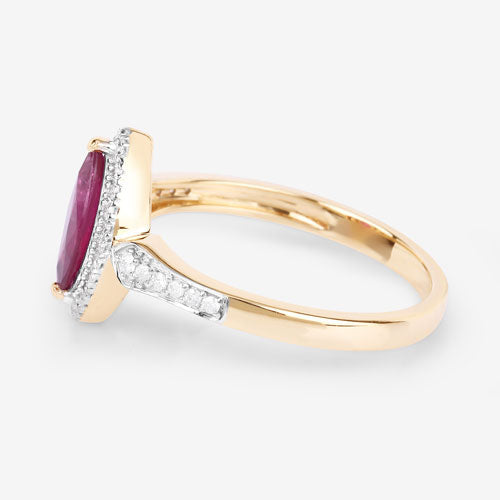 Anillo de oro amarillo de 14K con rubí auténtico de 0,96 quilates y diamantes blancos