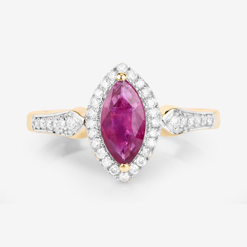 Anillo de oro amarillo de 14K con rubí auténtico de 0,96 quilates y diamantes blancos