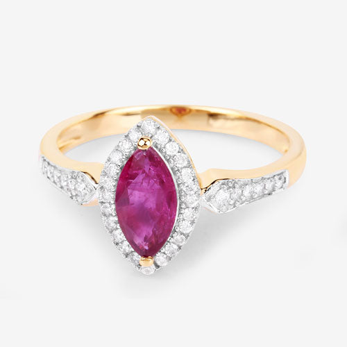 Anillo de oro amarillo de 14K con rubí auténtico de 0,96 quilates y diamantes blancos