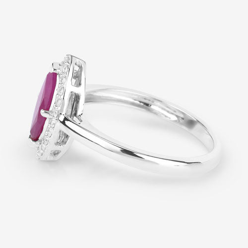 Anillo de oro blanco de 14K con rubí auténtico de 1,57 quilates y diamantes blancos