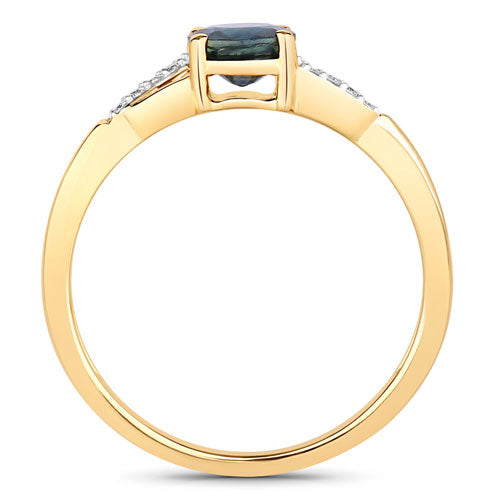 Anillo de oro amarillo de 14K con zafiro azul auténtico de 0,88 quilates y diamantes blancos
