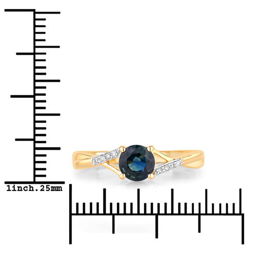 Anillo de oro amarillo de 14K con zafiro azul auténtico de 0,88 quilates y diamantes blancos