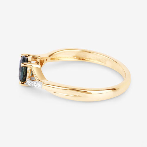 Anillo de oro amarillo de 14K con zafiro azul auténtico de 0,88 quilates y diamantes blancos