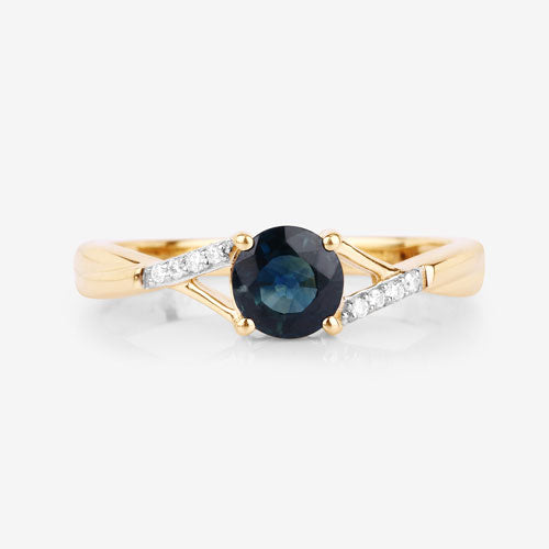 Anillo de oro amarillo de 14K con zafiro azul auténtico de 0,88 quilates y diamantes blancos