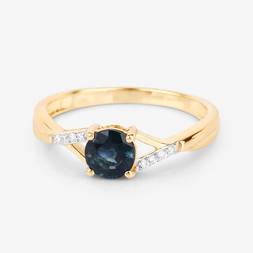 Anillo de oro amarillo de 14K con zafiro azul auténtico de 0,88 quilates y diamantes blancos