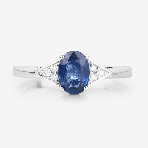 Anillo de oro blanco de 14K con zafiro azul genuino de 1.01 quilates y diamantes blancos