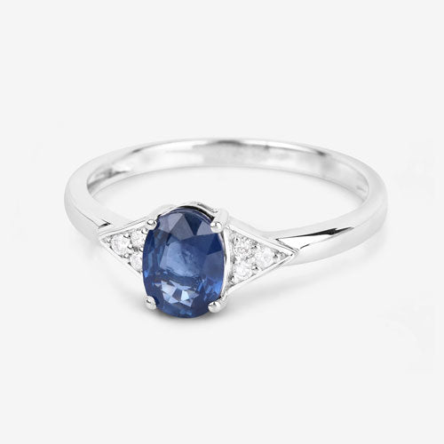 Anillo de oro blanco de 14K con zafiro azul genuino de 1.01 quilates y diamantes blancos