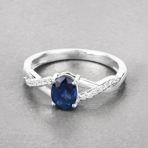 Anillo de oro blanco de 14K con zafiro azul genuino de 1.04 quilates y diamantes blancos