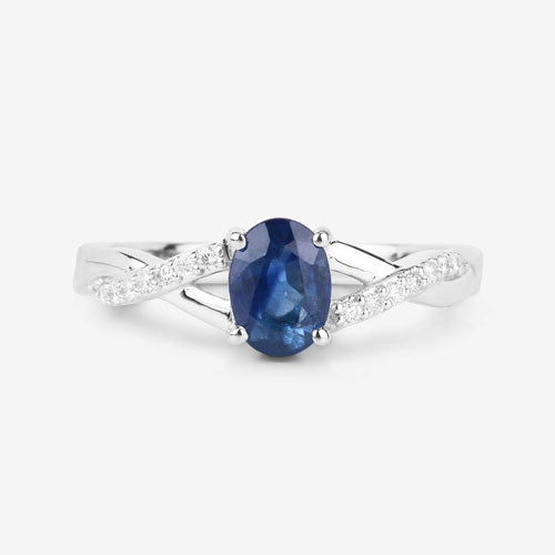 Anillo de oro blanco de 14K con zafiro azul genuino de 1.04 quilates y diamantes blancos