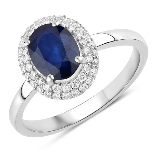 Anillo de oro blanco de 14K con zafiro azul genuino de 1.84 quilates y diamantes blancos