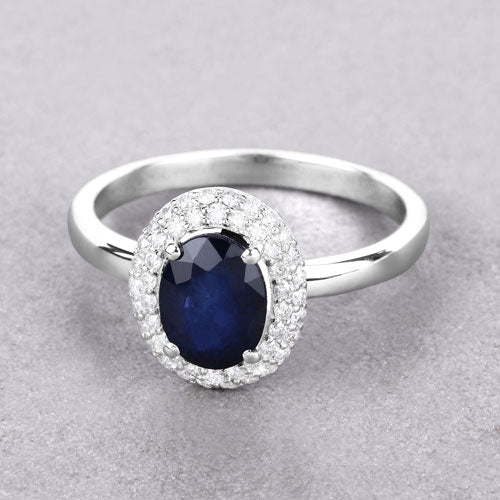 Anillo de oro blanco de 14K con zafiro azul genuino de 1.84 quilates y diamantes blancos