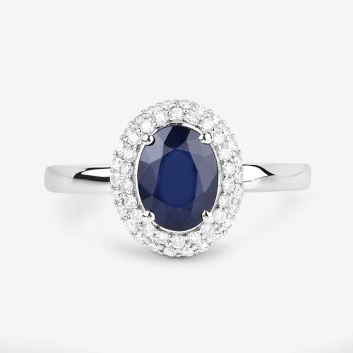 Anillo de oro blanco de 14K con zafiro azul genuino de 1.84 quilates y diamantes blancos