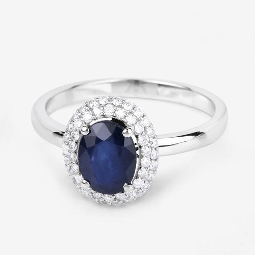 Anillo de oro blanco de 14K con zafiro azul genuino de 1.84 quilates y diamantes blancos
