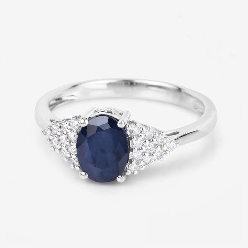 Anillo de zafiro azul genuino de 1.73 quilates y diamantes blancos en oro blanco de 14 quilates