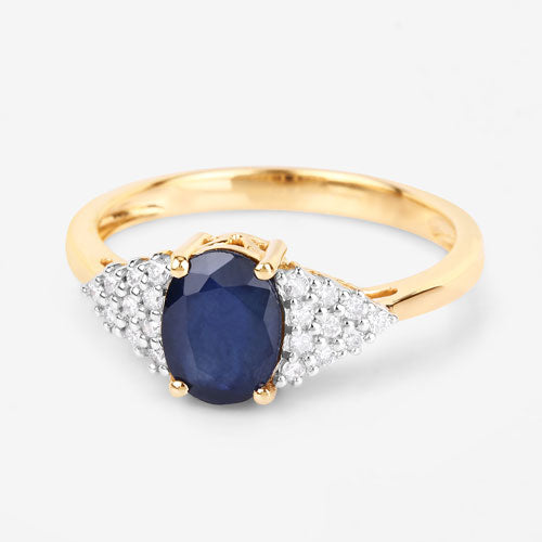 Anillo de oro amarillo de 14K con zafiro azul genuino de 1.73 quilates y diamantes blancos