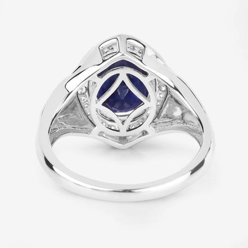 Anillo de oro blanco de 14K con zafiro azul genuino de 3.31 quilates y diamantes blancos