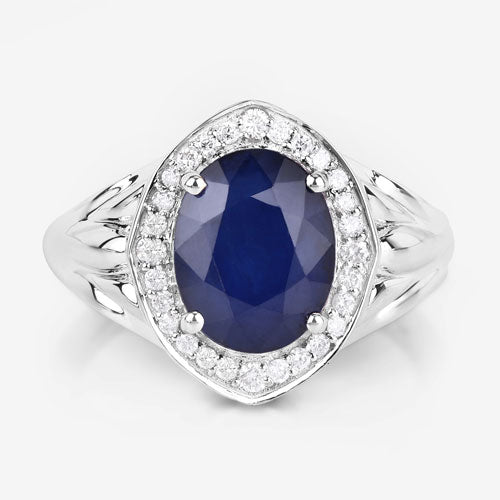 Anillo de oro blanco de 14K con zafiro azul genuino de 3.31 quilates y diamantes blancos