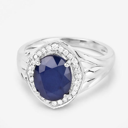 Anillo de oro blanco de 14K con zafiro azul genuino de 3.31 quilates y diamantes blancos