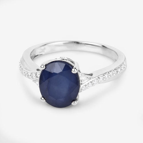 Anillo de zafiro azul auténtico de 3.28 quilates y diamantes blancos en oro blanco de 14 quilates