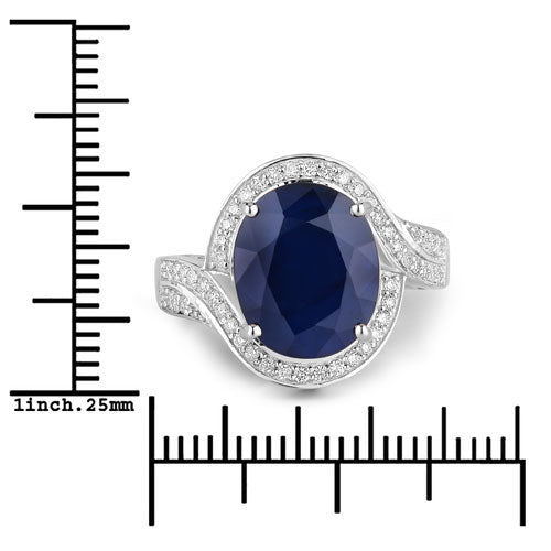 Anillo de oro blanco de 14K con zafiro azul auténtico de 6,52 quilates y diamantes blancos