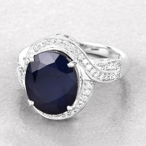 Anillo de oro blanco de 14K con zafiro azul auténtico de 6,52 quilates y diamantes blancos