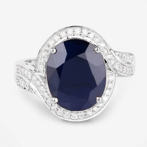 Anillo de oro blanco de 14K con zafiro azul auténtico de 6,52 quilates y diamantes blancos
