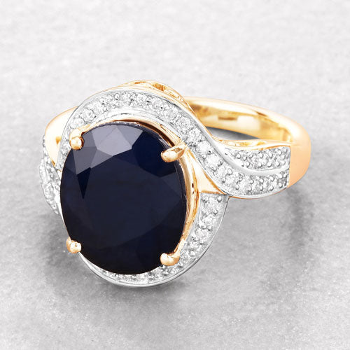 Anillo de oro amarillo de 14K con zafiro azul genuino de 6,52 quilates y diamante blanco