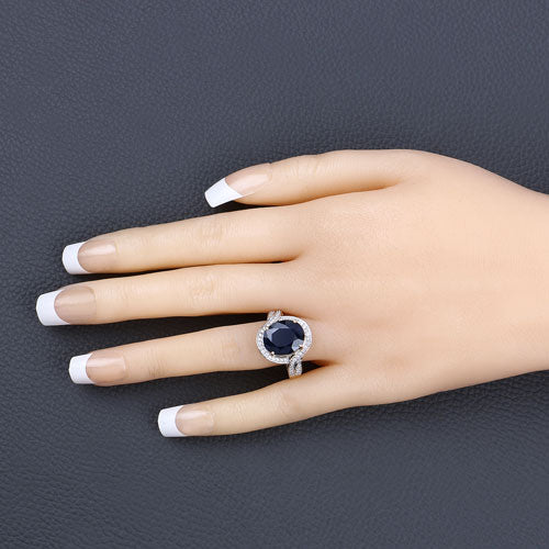 Anillo de oro amarillo de 14K con zafiro azul genuino de 6,52 quilates y diamante blanco