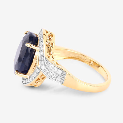 Anillo de oro amarillo de 14K con zafiro azul genuino de 6,52 quilates y diamante blanco