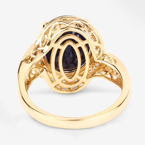 Anillo de oro amarillo de 14K con zafiro azul genuino de 6,52 quilates y diamante blanco