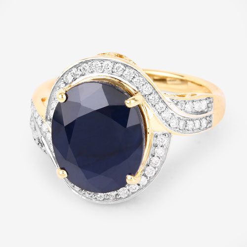 Anillo de oro amarillo de 14K con zafiro azul genuino de 6,52 quilates y diamante blanco