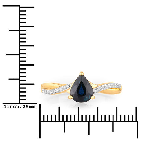 Anillo de oro amarillo de 14K con zafiro azul auténtico de 1.17 quilates y diamantes blancos