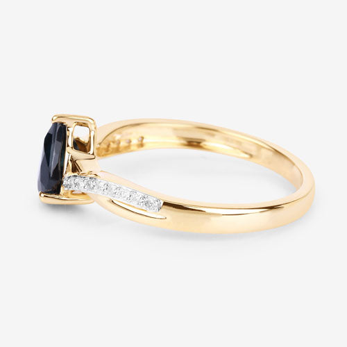Anillo de oro amarillo de 14K con zafiro azul auténtico de 1.17 quilates y diamantes blancos