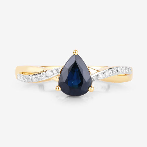 Anillo de oro amarillo de 14K con zafiro azul auténtico de 1.17 quilates y diamantes blancos