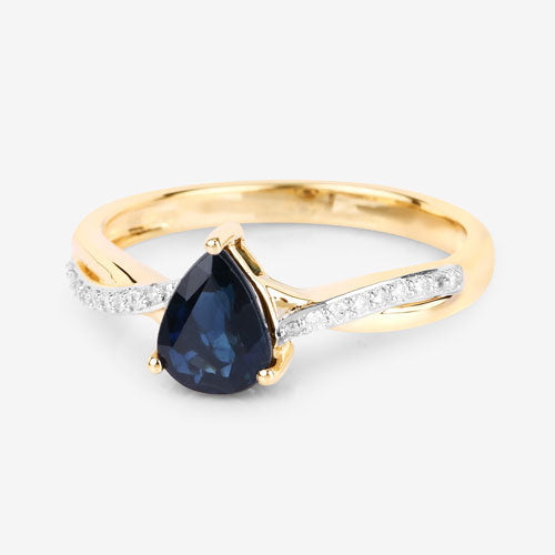 Anillo de oro amarillo de 14K con zafiro azul auténtico de 1.17 quilates y diamantes blancos