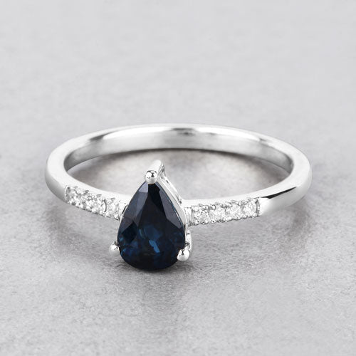 Anillo de oro blanco de 14K con zafiro azul auténtico de 0,86 quilates y diamantes blancos