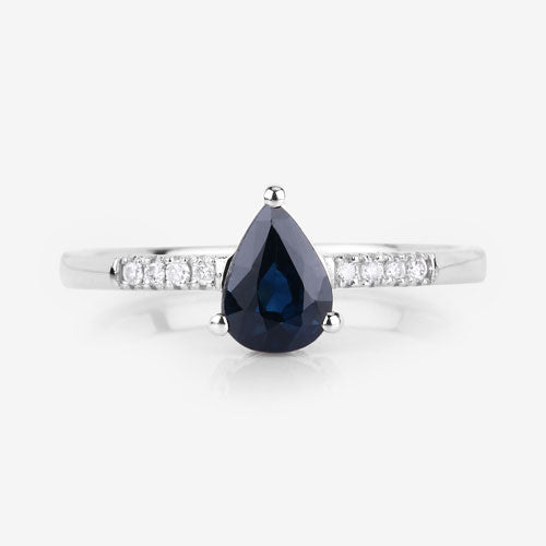 Anillo de oro blanco de 14K con zafiro azul auténtico de 0,86 quilates y diamantes blancos