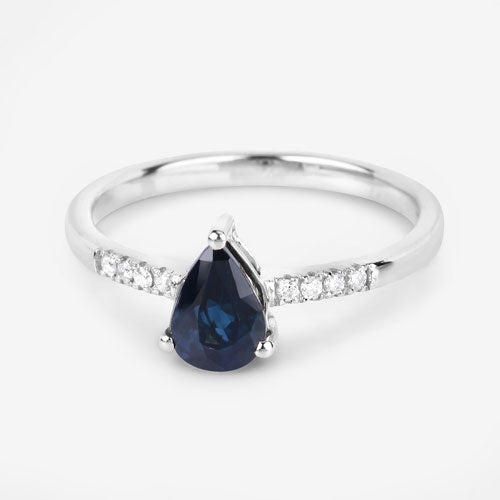 Anillo de oro blanco de 14K con zafiro azul auténtico de 0,86 quilates y diamantes blancos