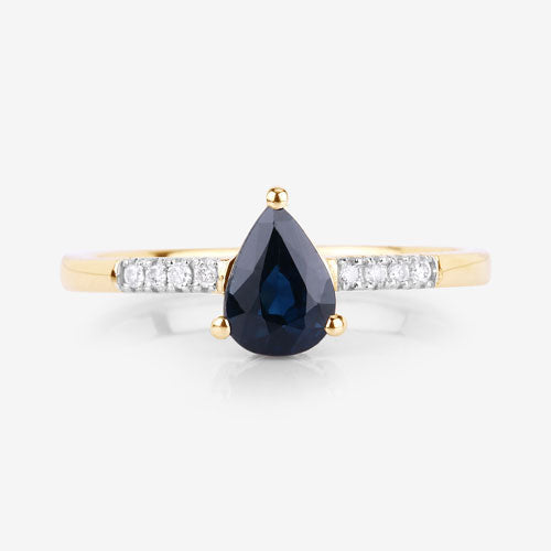 Anillo de oro amarillo de 14K con zafiro azul genuino de 0.86 quilates y diamantes blancos