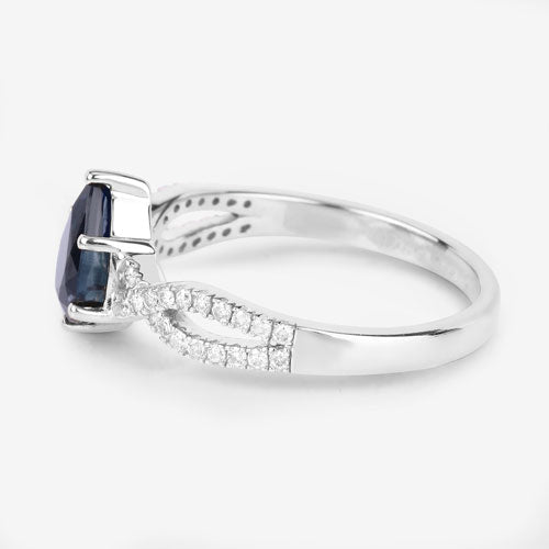 Anillo de oro blanco de 14K con zafiro azul genuino de 1,14 quilates y diamantes blancos