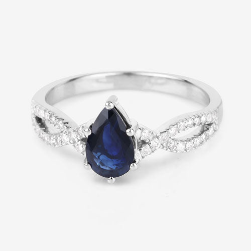Anillo de oro blanco de 14K con zafiro azul genuino de 1,14 quilates y diamantes blancos