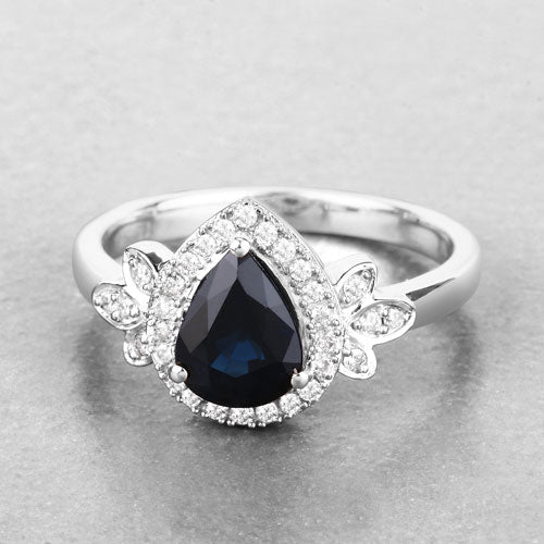 Anillo de oro blanco de 14K con zafiro azul genuino de 1,54 quilates y diamantes blancos