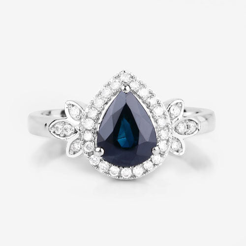 Anillo de oro blanco de 14K con zafiro azul genuino de 1,54 quilates y diamantes blancos